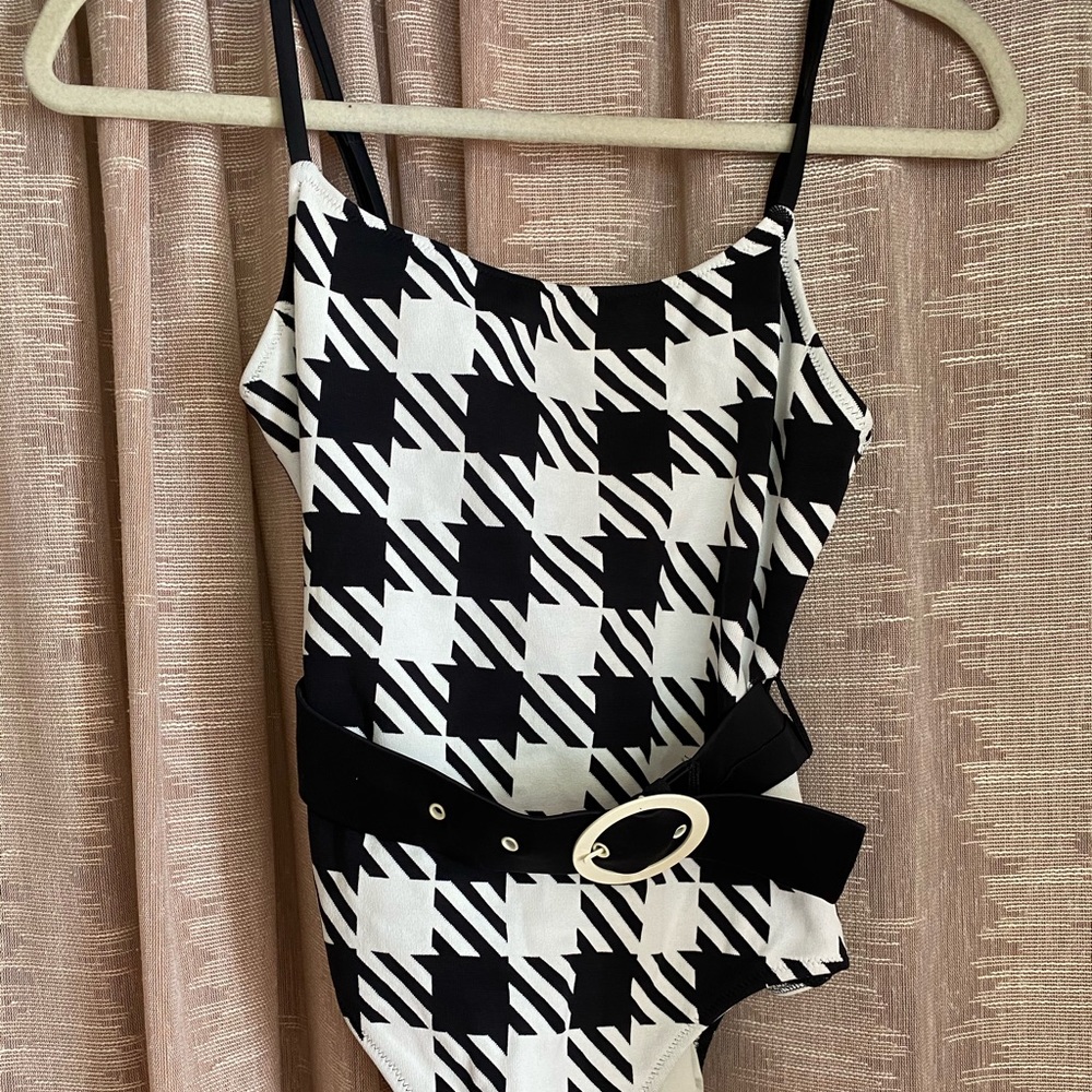 Solid & Striped Houndstooth Swimsuit with Belt